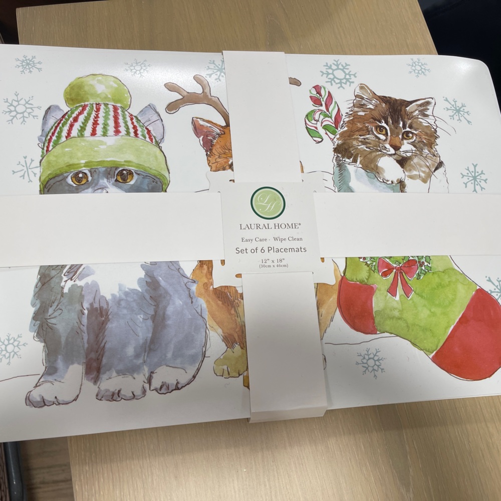 Christmas Cat Trio Orange Cat Tabby Cat Easy Care Placemats set of 6 NWT